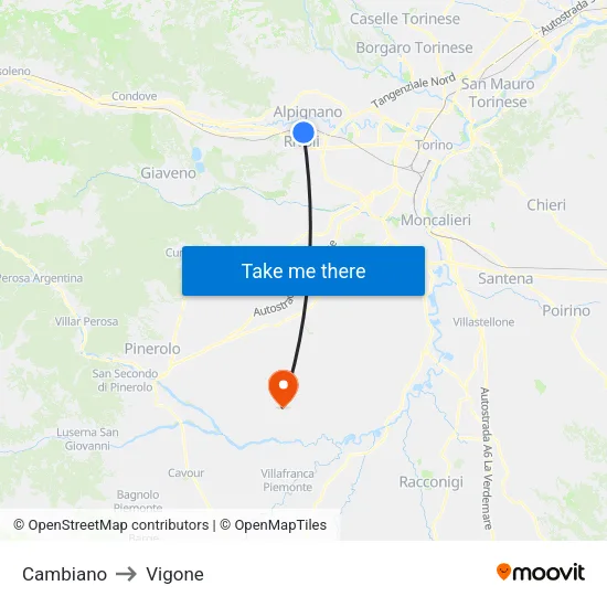 Cambiano to Vigone map