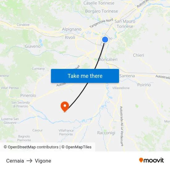 Cernaia to Vigone map
