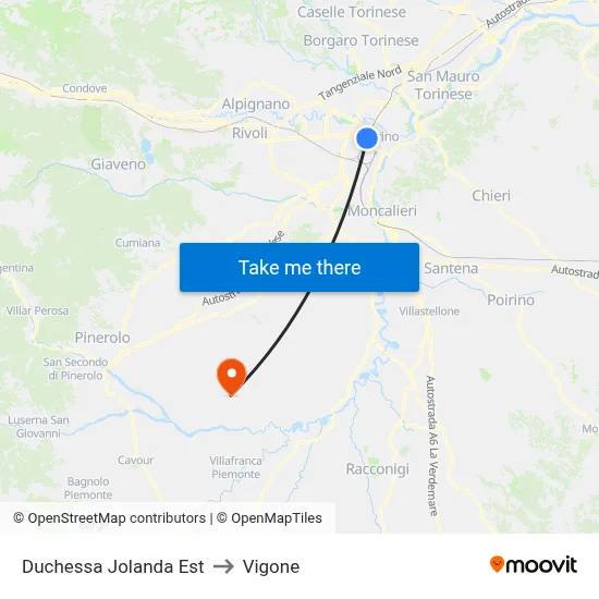 Duchessa Jolanda East to Vigone map