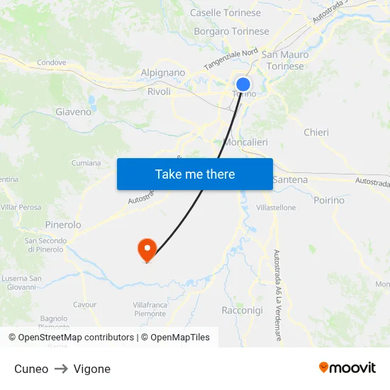 Cuneo to Vigone map