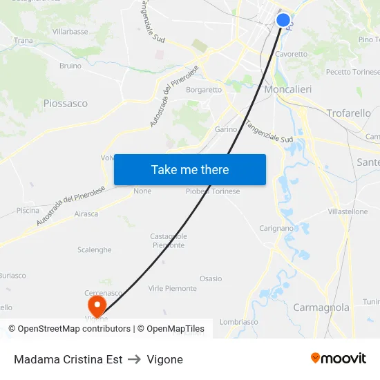 Madama Cristina East to Vigone map