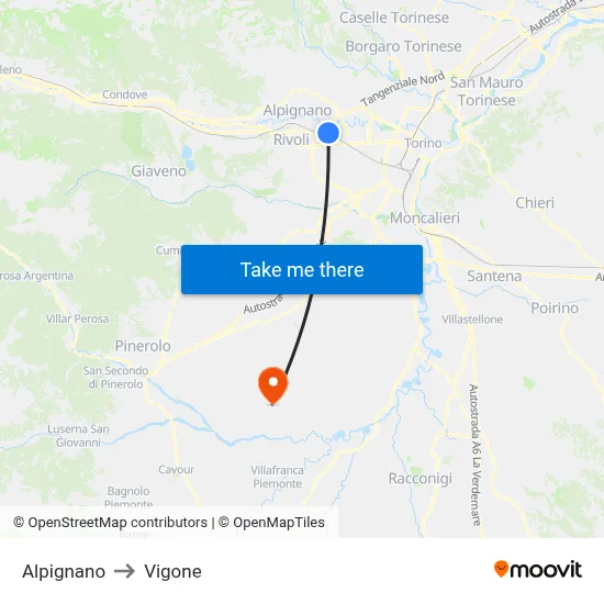 Alpignano to Vigone map
