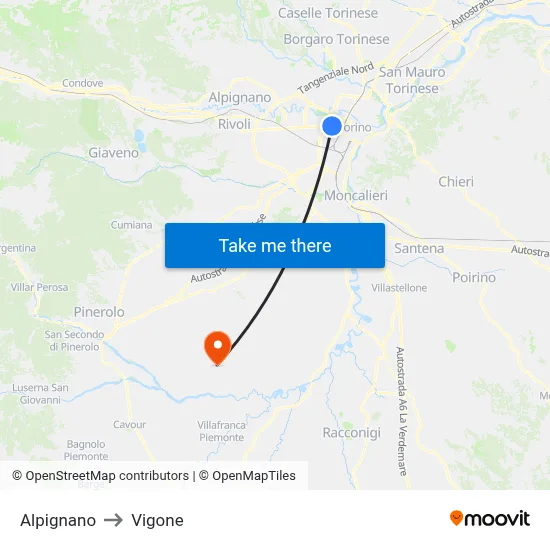 Alpignano to Vigone map