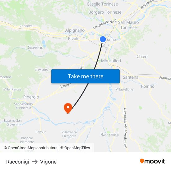 Racconigi to Vigone map
