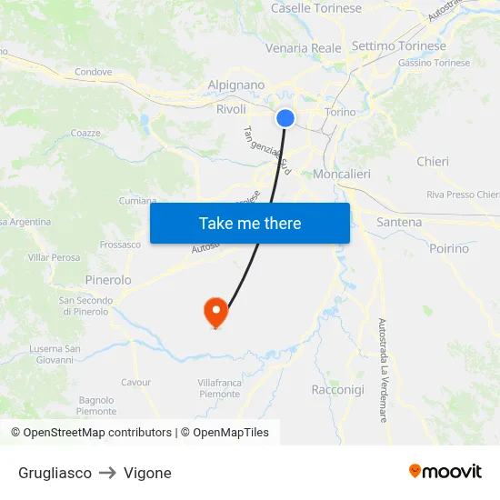 Grugliasco to Vigone map