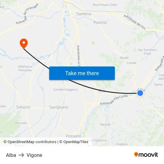 Alba to Vigone map