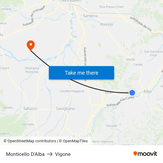 Monticello D'Alba to Vigone map