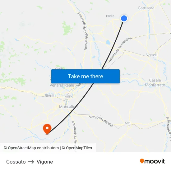 Cossato to Vigone map