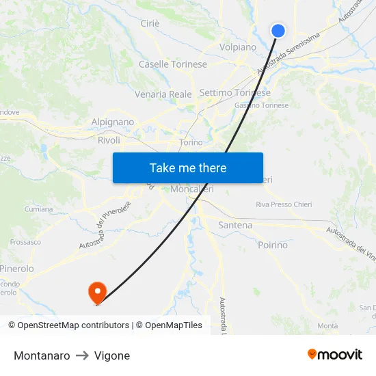 Montanaro to Vigone map