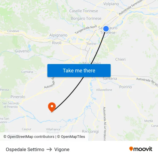 Settimo Hospital to Vigone map