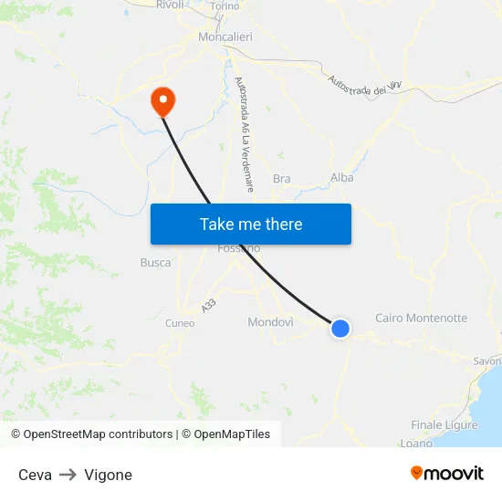 Ceva to Vigone map