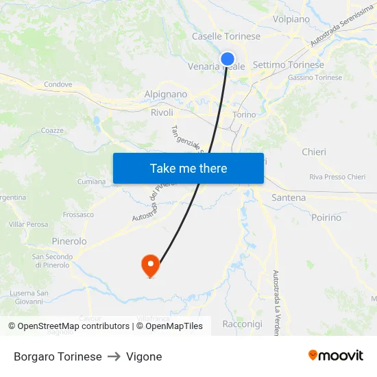 Borgaro Torinese to Vigone map