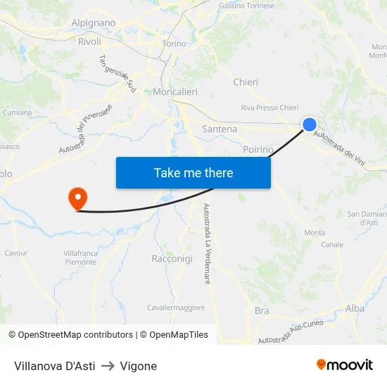 Villanova D'Asti to Vigone map