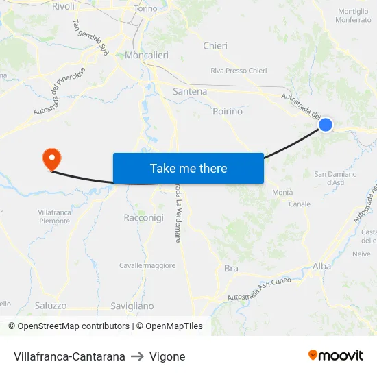 Villafranca-Cantarana to Vigone map