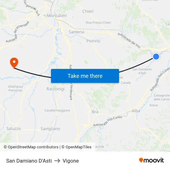 San Damiano D'Asti to Vigone map