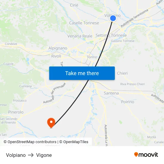 Volpiano to Vigone map