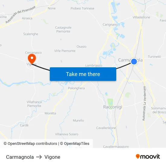 Carmagnola to Vigone map