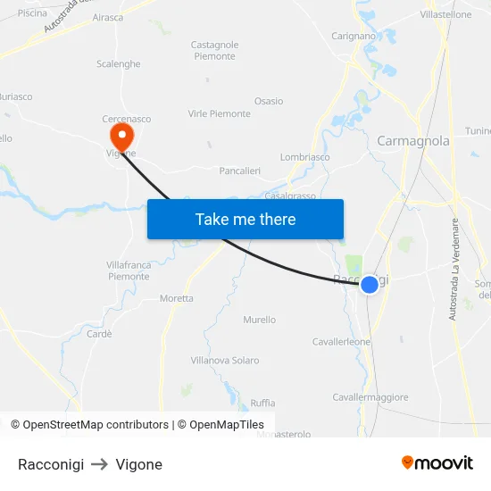 Racconigi to Vigone map