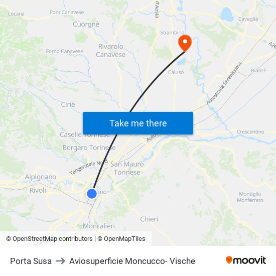 Porta Susa to Aviosuperficie Moncucco- Vische map