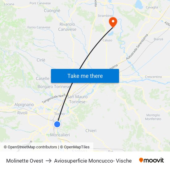 Molinette Ovest to Aviosuperficie Moncucco- Vische map