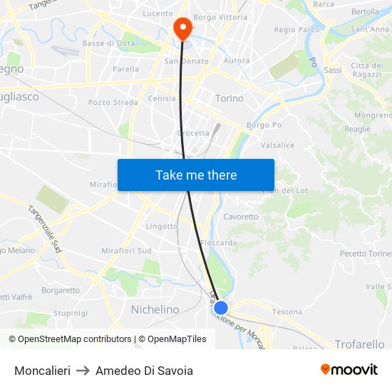 Moncalieri to Amedeo Di Savoia map