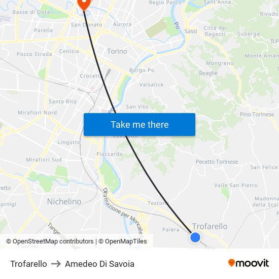 Trofarello to Amedeo Di Savoia map