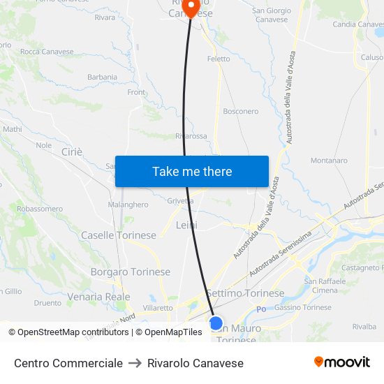 Centro Commerciale to Rivarolo Canavese map