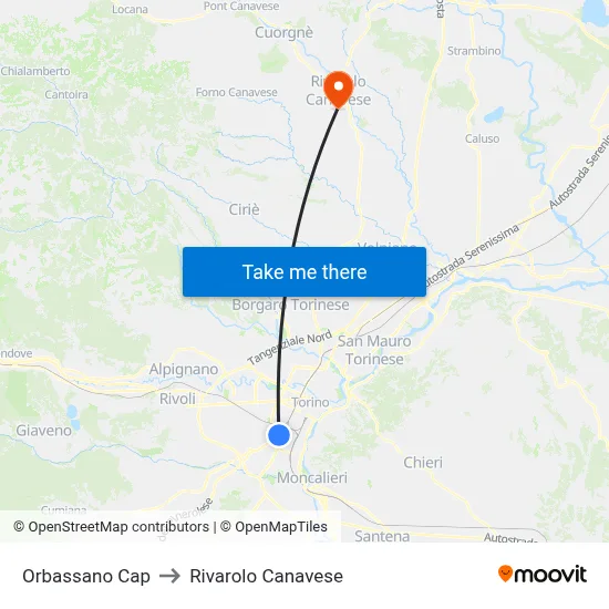 Orbassano Terminal to Rivarolo Canavese map