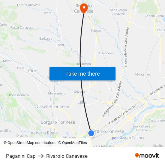 Paganini Cap to Rivarolo Canavese map