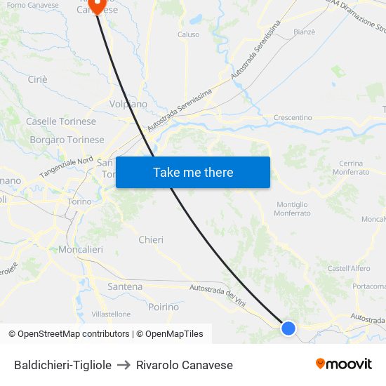 Baldichieri-Tigliole to Rivarolo Canavese map