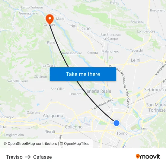 Treviso to Cafasse map