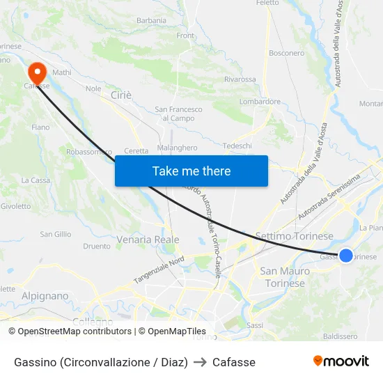 Gassino (Ring Road / Diaz) to Cafasse map
