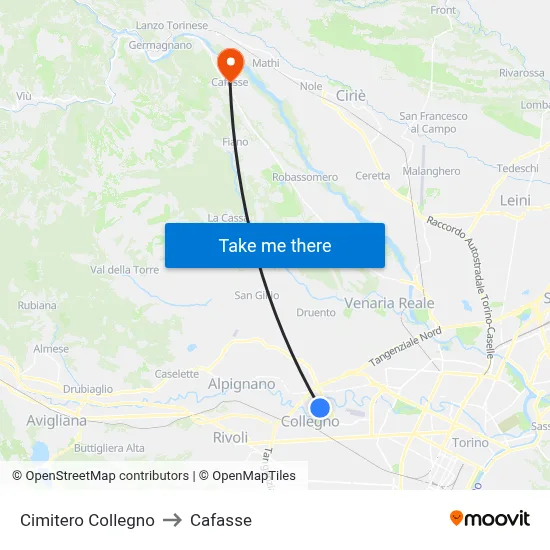 Collegno Cemetery to Cafasse map