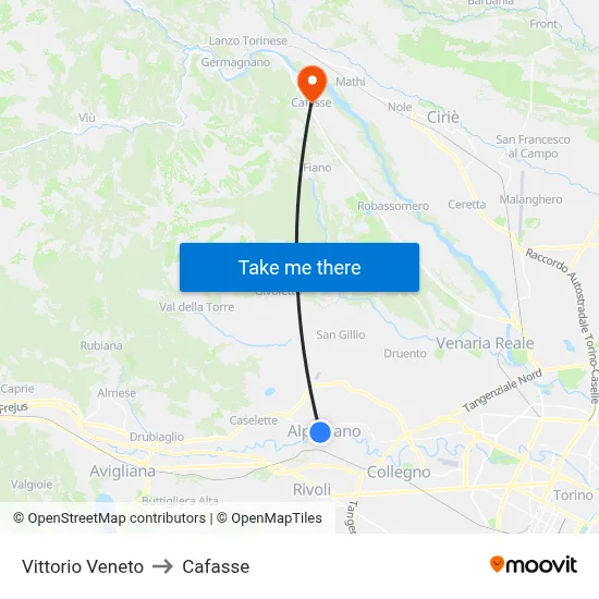 Vittorio Veneto to Cafasse map