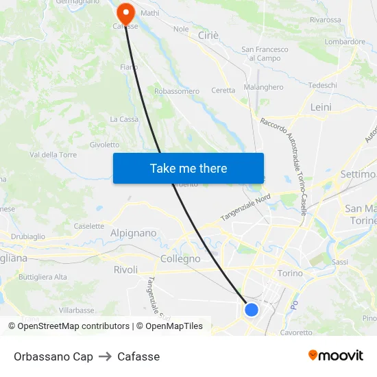 Orbassano Terminal to Cafasse map