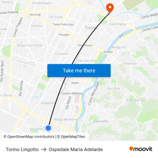 Turin Lingotto to Maria Adelaide Hospital map