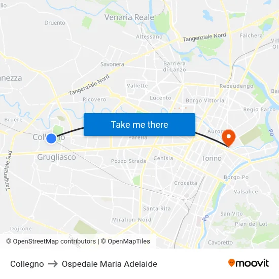 Collegno to Maria Adelaide Hospital map