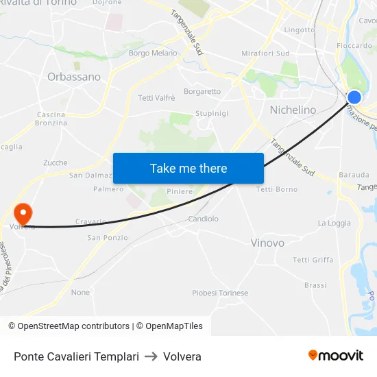 Ponte Cavalieri Templari to Volvera map