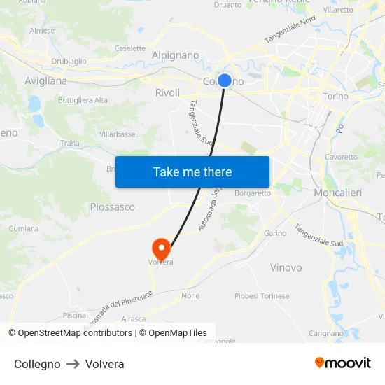 Collegno to Volvera map