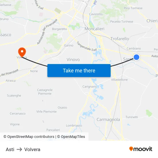 Asti to Volvera map