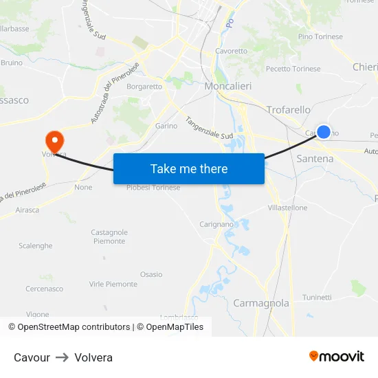 Cavour to Volvera map