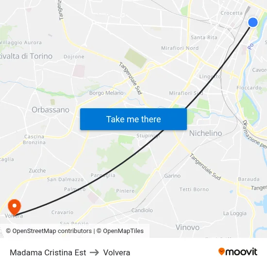 Madama Cristina East to Volvera map