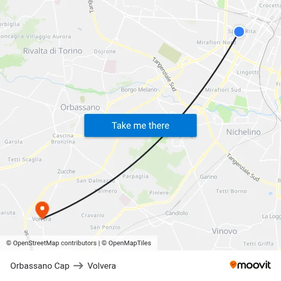 Orbassano Terminal to Volvera map
