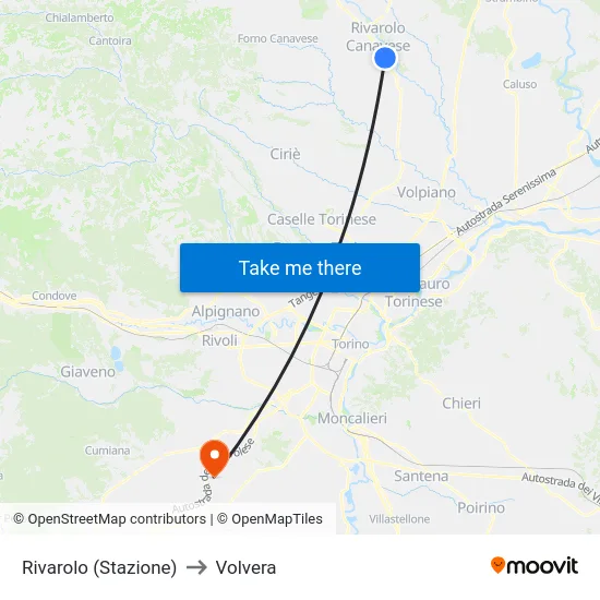 Rivarolo (Stazione) to Volvera map