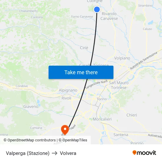 Valperga (Station) to Volvera map