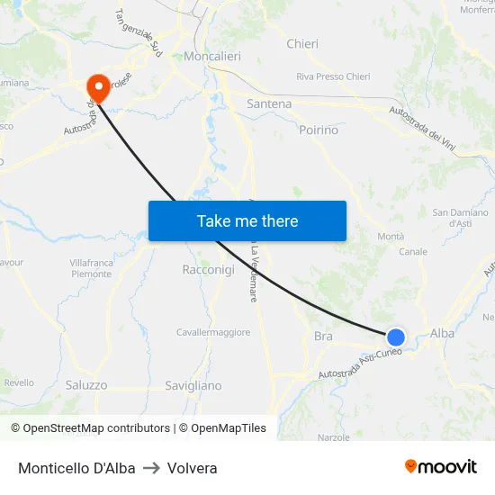 Monticello D'Alba to Volvera map