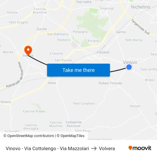 Vinovo - Via Cottolengo - Via Mazzolari to Volvera map