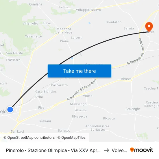 Pinerolo - Stazione Olimpica - Via XXV Aprile to Volvera map