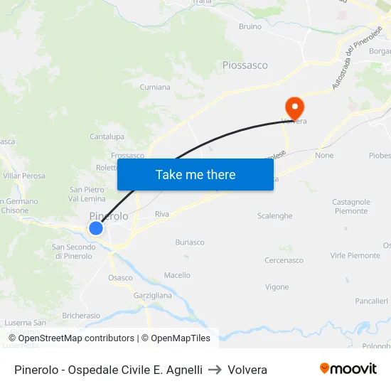 Pinerolo - Ospedale Civile E. Agnelli to Volvera map