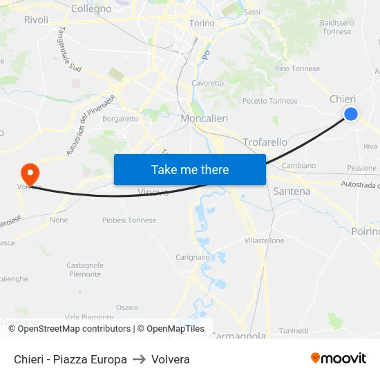 Chieri - Piazza Europa to Volvera map